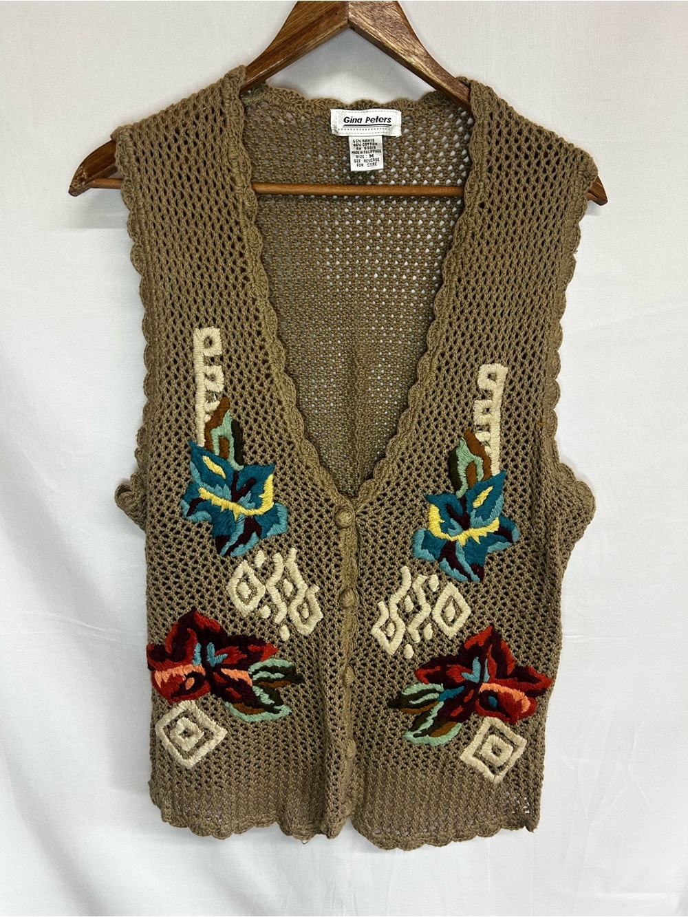 Gina Peters Vintage Crochet Vest with Floral Embroidery Size Medium